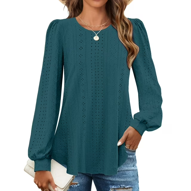 Fantaslook Eyelet Blouses for Women Dressy Casual Long Sleeve Shirts Crew Neck Fall Trendy Tops