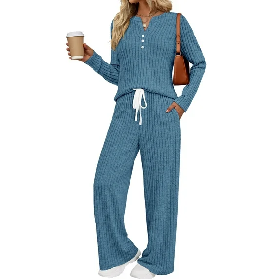 Fantaslook Two Piece Lounge Sets for Women Fall Travel Outfits Henley Neck Sweater tops Wide Leg Pants Matching Sets Pajamas Clothes