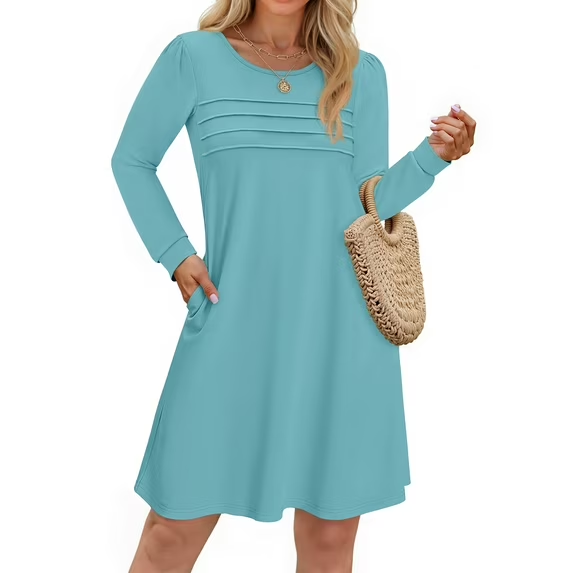 Fantaslook Pleated Long Sleeve Dresses for Women Fashion Fall Dresses Casual Dress with Pockets