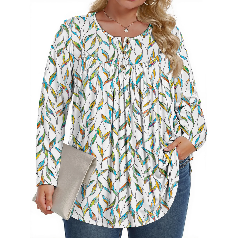 Fantaslook Plus Size Womens Blouses Long Sleeve Floral Tunic Tops Henley Neck Flowy Fall Shirts