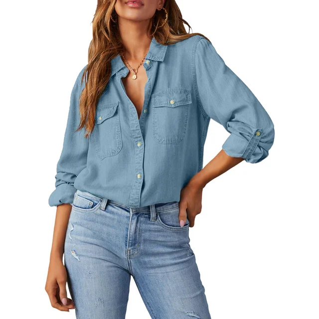 Fantaslook Women Button Down Denim Shirts Collared Casual Long Sleeve Blouses Tops with Pockets