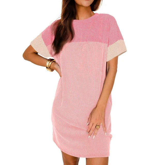 Fantaslook Summer Color Block Dresses for Women Crewneck Short Sleeve T shirts Dress Ribbed Dresses with Pockets