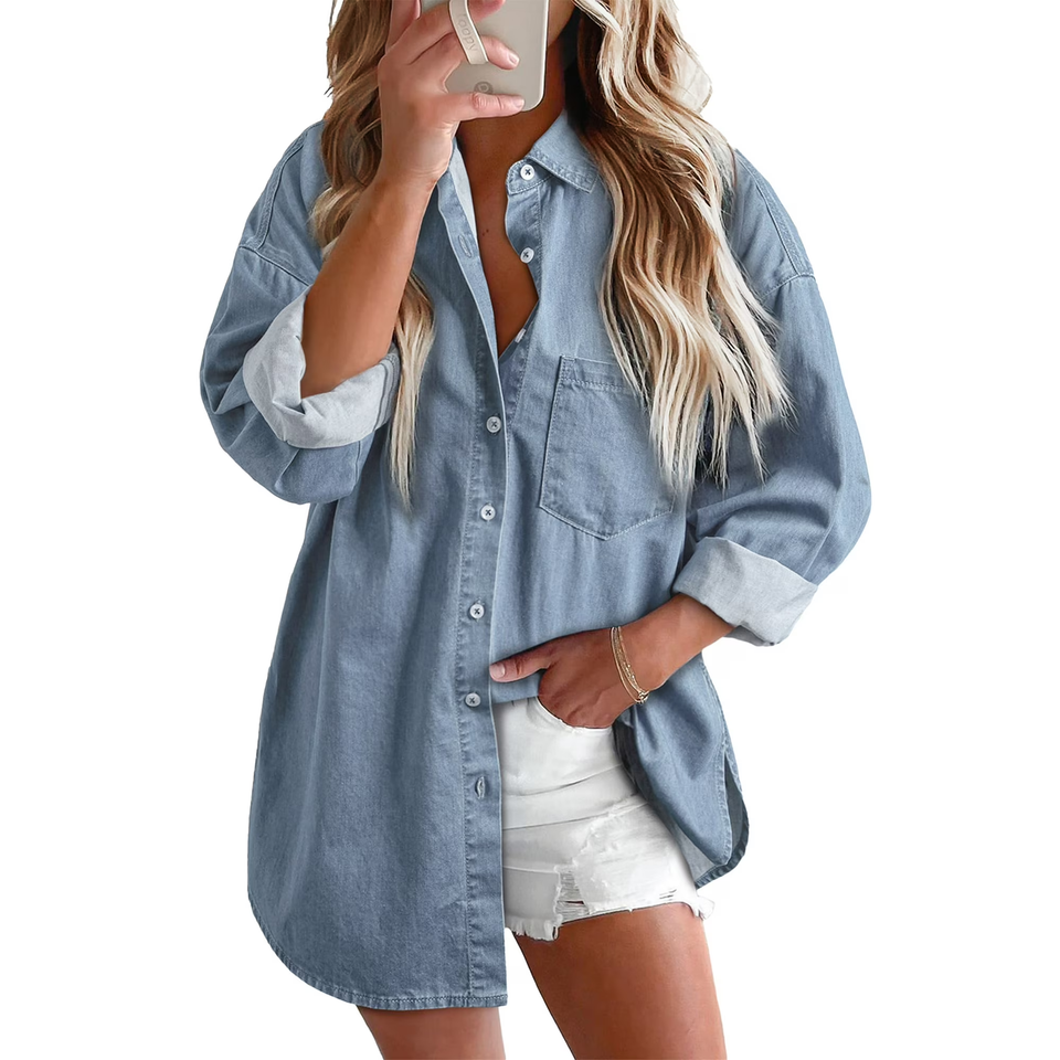 Fantaslook Denim Shirts for Women Button Down Blouses Long Sleeve Casual Tops Fall Outfits