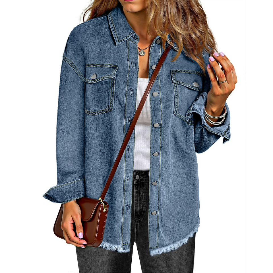 Fantaslook Denim jackets for Women Oversized Button Up Frayed Hem Shackets Fashion Jean Jacket With Pockets