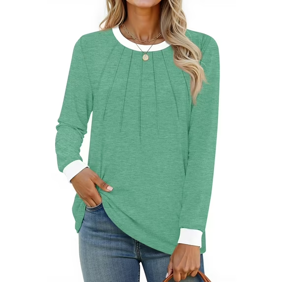 Fantaslook Women Blouses Color Block Long Sleeve Shirts Pleated Fall Tops Fashion Dressy Blouses