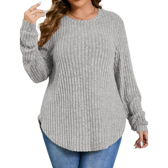 Fantaslook Womens Plus Size Tops Crewneck Long Sleeve Shirts Loose Tunic Tops Curved Hem Fall Pullover