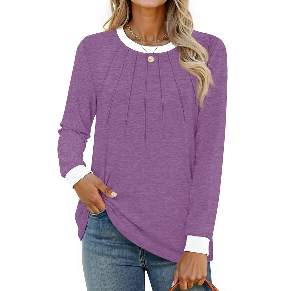 Fantaslook Women Blouses Color Block Long Sleeve Shirts Pleated Fall Tops Fashion Dressy Blouses
