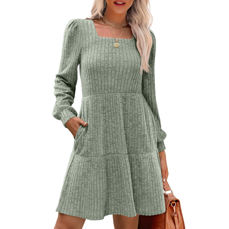 Fantaslook Fall Dresses for Women Square Neck Long Sleeve Dresses Casual Babydoll Sweater Dress
