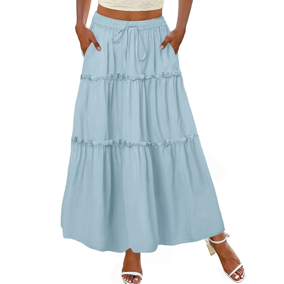 MOSHU High Waist Midi Skirt for Women A-Line Pleated Skirts with Pockets Flowy Dresses