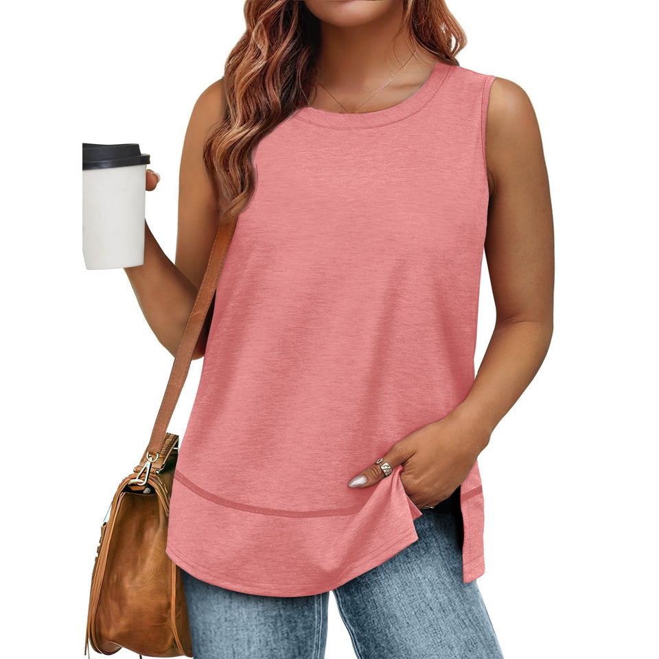 MOSHU Summer Tank Tops for Women Round Neck Sleeveless Plus Size Tops Slit Side Stiching Womens Shirts
