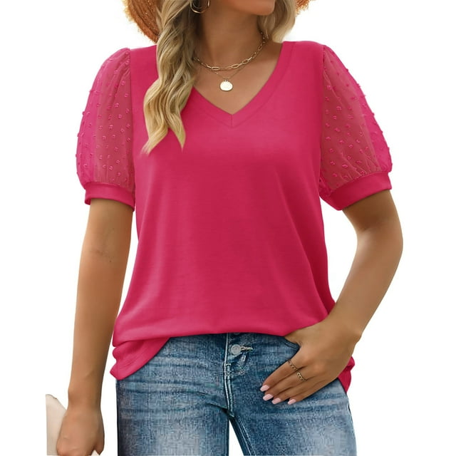 MOSHU Summer Womens Tops Dressy V Neck Blouses for Women Swiss Dot Puff Sleeve Shirts