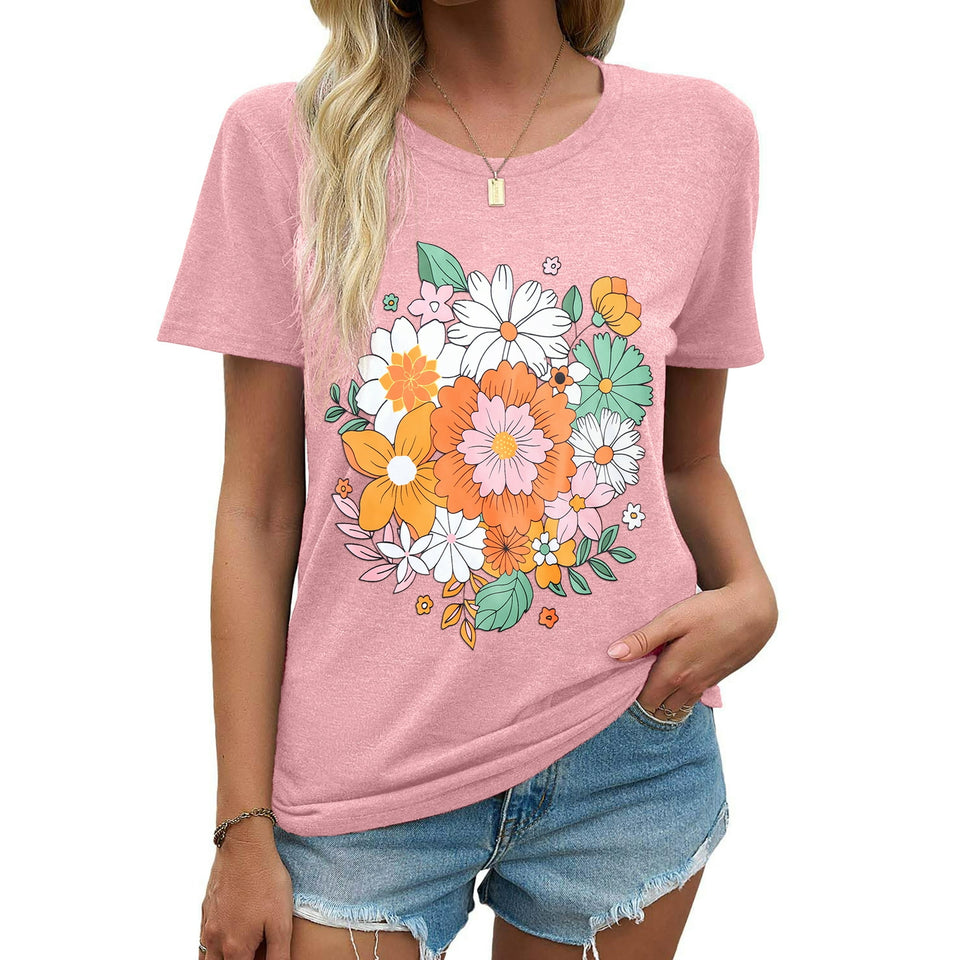 MOSHU Womens T-shirts Round Neck Shirts for Women Short Sleeve Loose Graphic Tees