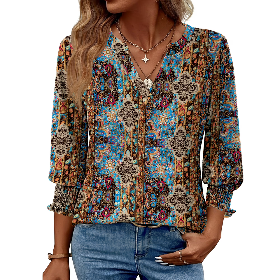 Fantaslook 3/4 Sleeve Womens Tops Dressy Casual Blouses V Neck Work Shirts Trendy Tops with Smocked Cuffs
