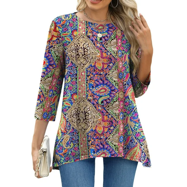 Fantaslook Plus Size Women Tunic Tops 3/4 Sleeve Dressy Casual Blouses Loose Flowy Floral Shirts
