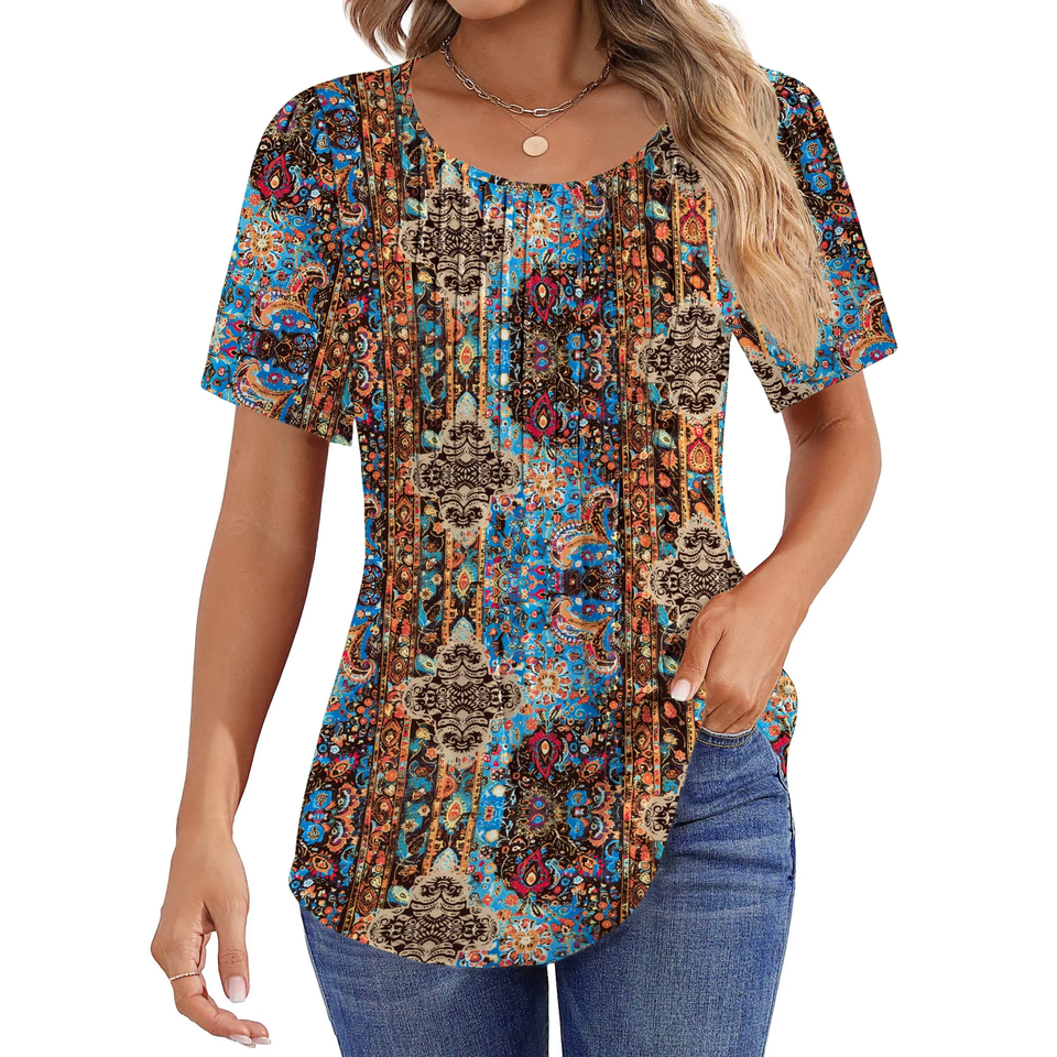 Fantaslook Blouses for Women Pleated Short Sleeve Tunic Tops Dressy Casual Summer Shirts