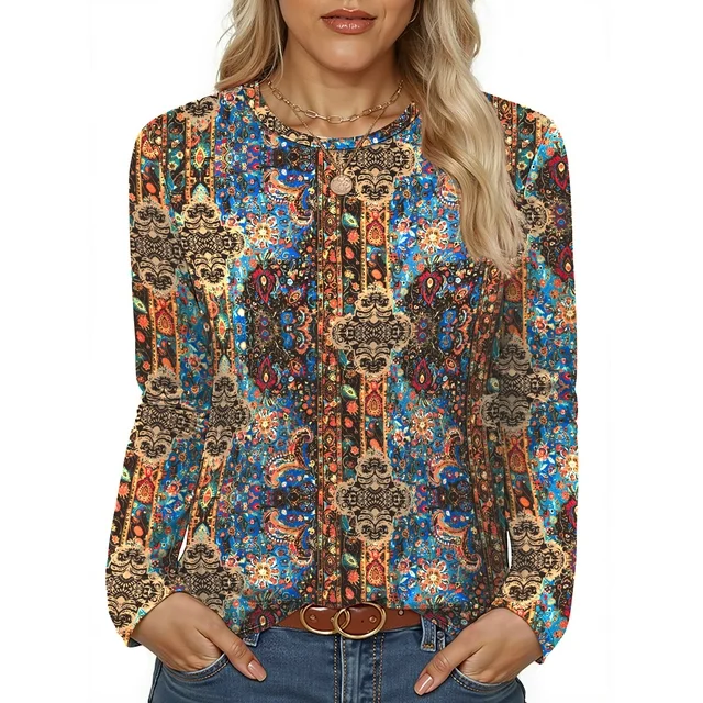 Fantaslook Women Tunic Tops Casual Long Sleeve Shirts Crew Neck Fall Tops Basic Tees Floral Dressy Blouses