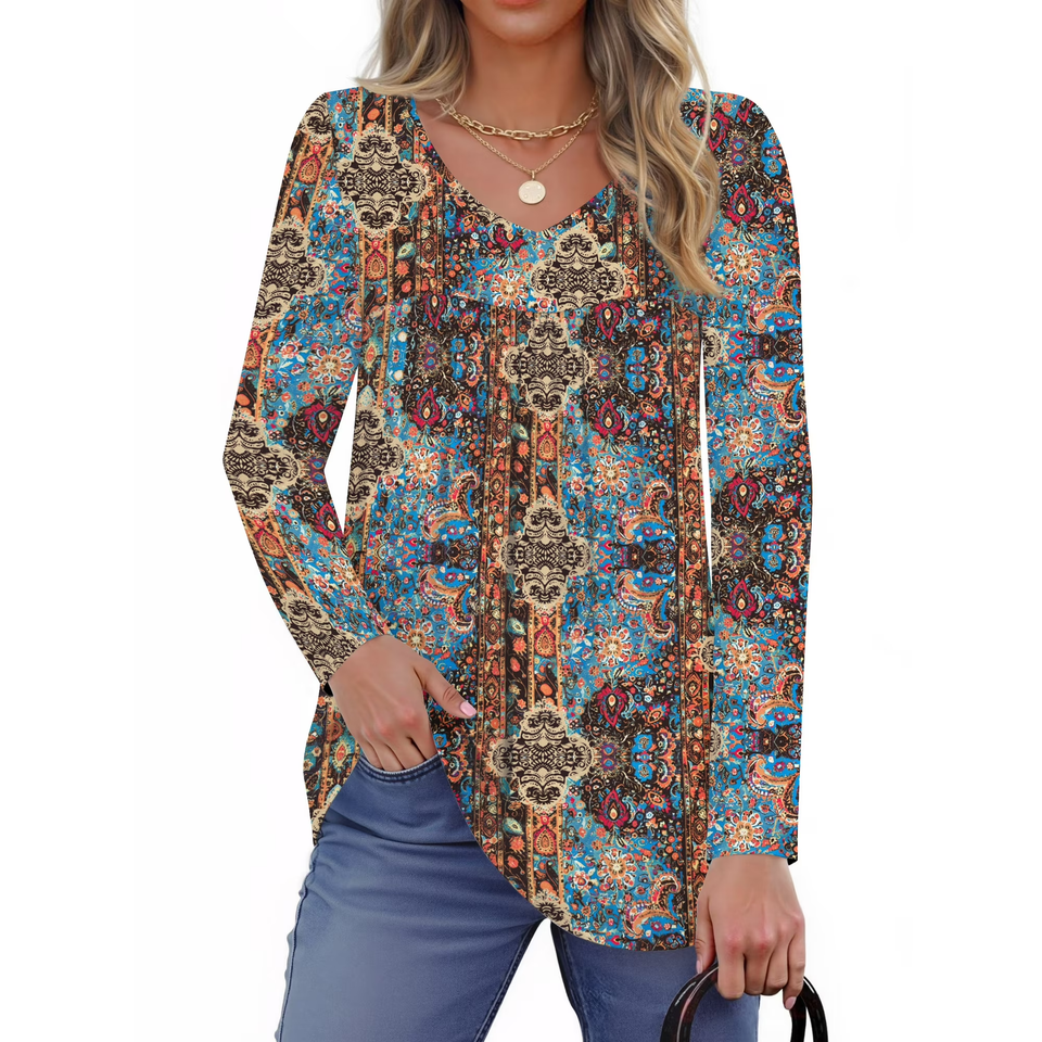 Fantaslook Womens Tops Dressy Casual Pleated Blouses V Neck Long Sleeve Shirts Fall Tunic Tops