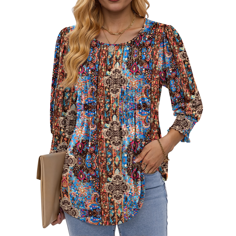 Fantaslook Pleated Blouses for Women Dressy Casual 3/4  Sleeve Womens Tops with Smocked Cuffs Summer Fall Shirts
