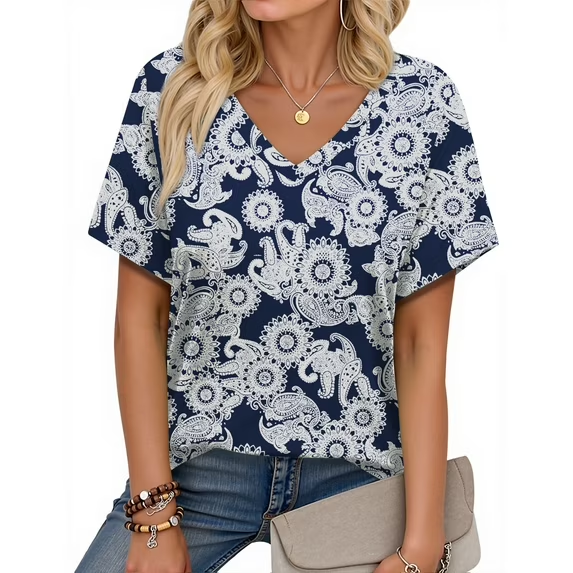 Fantaslook V Neck T Shirts for Women Floral Summer Tops Short Sleeve Shirts Casual Tunic Tops