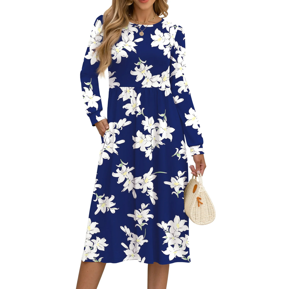 Fantaslook Long Sleeve Midi Dresses for Women Casual Floral Dress Flowy Fall Dresses with Pockets