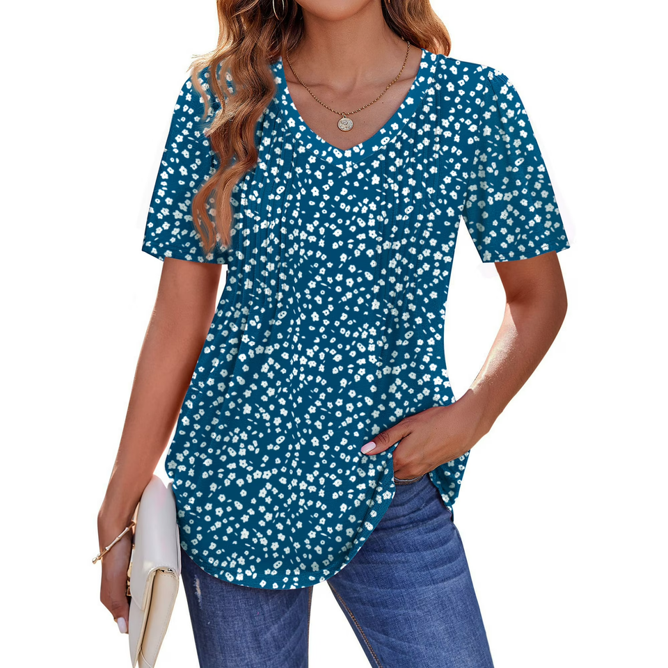 Fantaslook Blouses for Women Dressy Casual V Neck Pleated Tunic Tops Summer Short Sleeve Boho Shirts