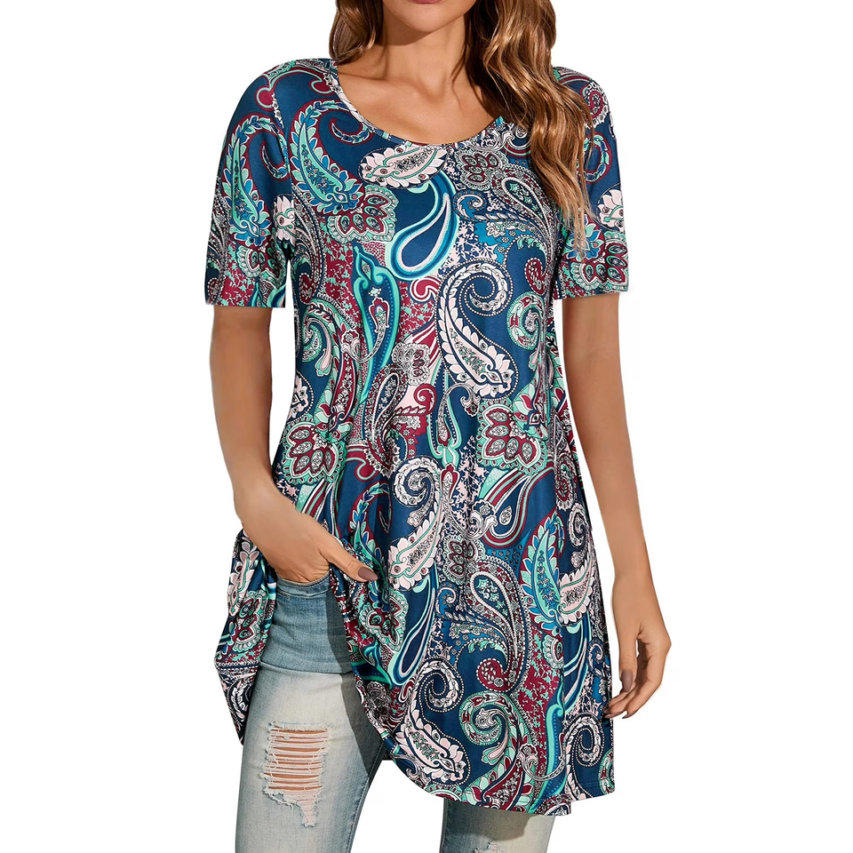 Fantaslook Plus Size Womens Tunic Tops Short Sleeve Casual Floral Shirts Swing Flare Dressy Blouses