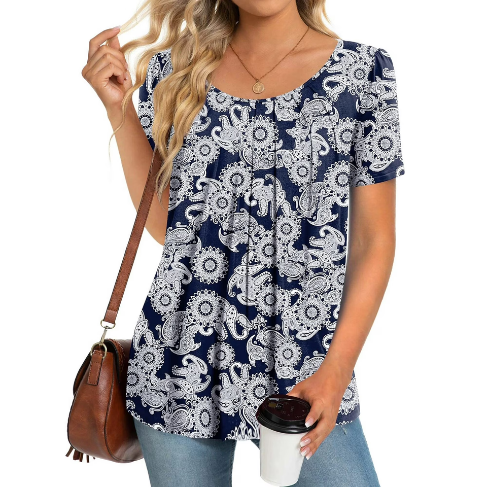 Fantaslook Dressy Blouses for Women Pleated Short Sleeve Tunic Tops Casual Floral Shirts