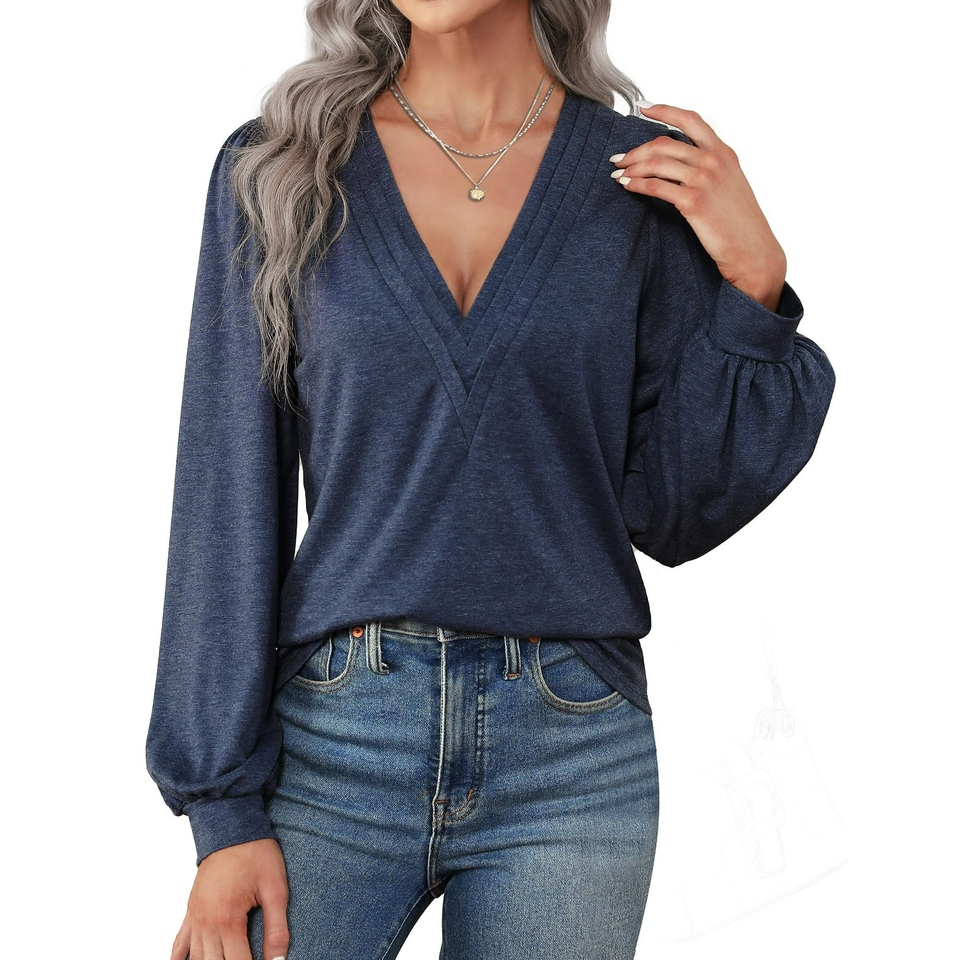 Fantaslook Deep V Neck Womens Tops Fall Long Puff Sleeve Shirts Dressy Casual Tunic Blouses