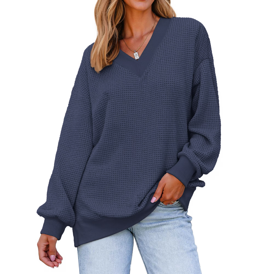 Fantaslook Waffle Knit Womens Sweatshirts Long Sleeve V Neck Shirt Loose Fall Outfits Pullover Casual Tops