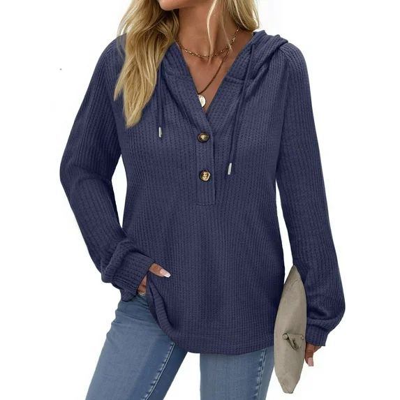 Fantaslook Hoodies for Women Waffle Knit Sweatshirts Drawstring Long Sleeve Tops Button V Neck Pullover