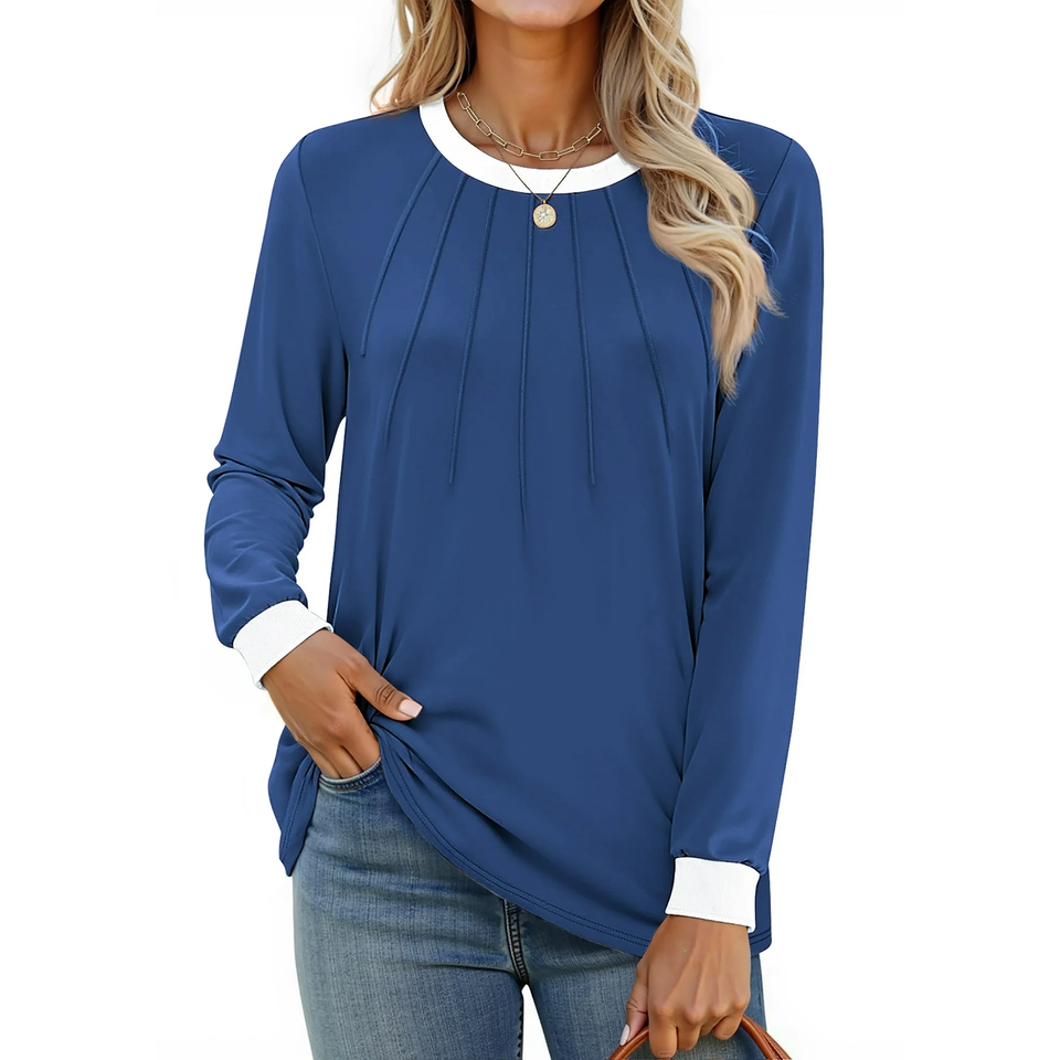 Fantaslook Women Blouses Color Block Long Sleeve Shirts Pleated Fall Tops Fashion Dressy Blouses