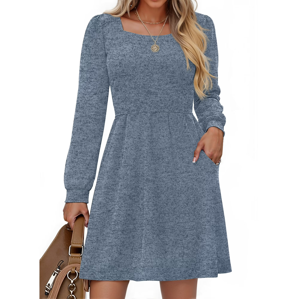 Fantaslook Square Neck Long Sleeve Dresses for Women Casual Trendy Sweater Dress with Pockets
