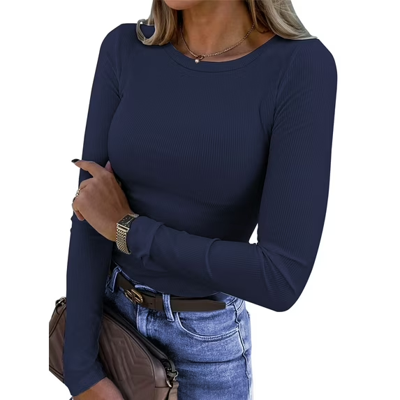 Fantaslook Fitted Long Sleeve Shirts for Women Stretch Casual Basic Tops Crewneck Ribbed Tees Shirts