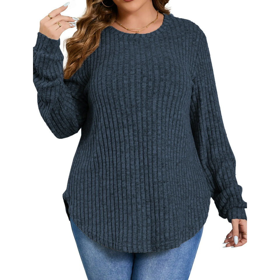 Fantaslook Womens Plus Size Tops Crewneck Long Sleeve Shirts Loose Tunic Tops Curved Hem Fall Pullover