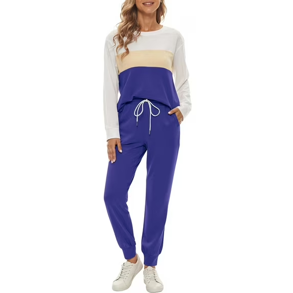 Fantaslook Womens Color Block Pajamas Crewneck Long Sleeve Lounge Sets Casual Jogger Outfits with Pockets