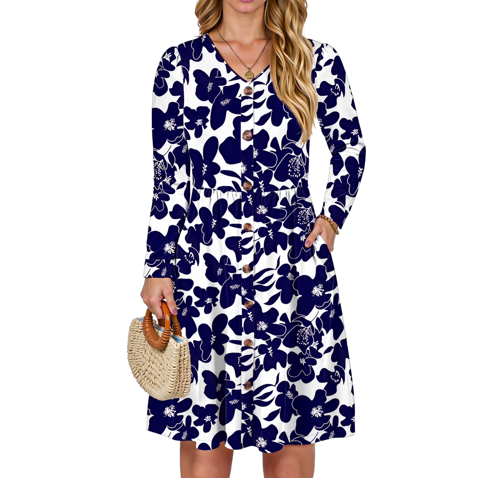 Fantaslook Long Sleeve Dresses for Women V Neck Casual Fall Dress Button Floral Midi Dresses with Pockets