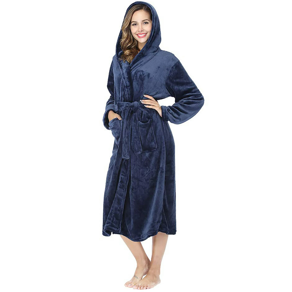 Fantaslook Womens Long Robes Plush Fleece Hooded Bathrobe with Pockets Fluffy Nightgown Sleepwear