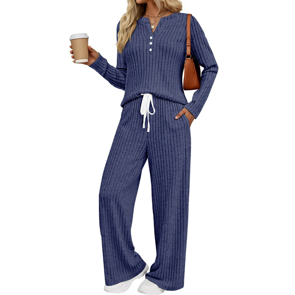 Fantaslook Two Piece Lounge Sets for Women Fall Travel Outfits Henley Neck Sweater tops Wide Leg Pants Matching Sets Pajamas Clothes