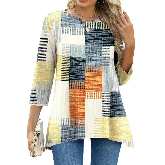 Fantaslook Plus Size Women Tunic Tops 3/4 Sleeve Dressy Casual Blouses Loose Flowy Floral Shirts