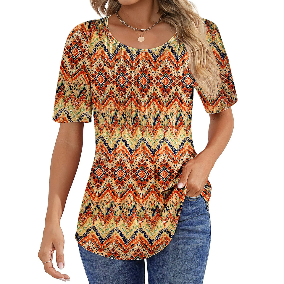Fantaslook Blouses for Women Pleated Short Sleeve Tunic Tops Dressy Casual Summer Shirts