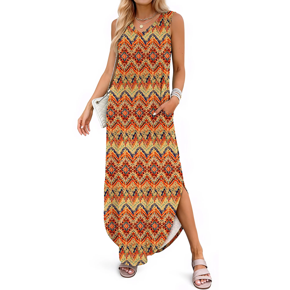 Fantaslook Summer Maxi Dresses for Women V Neck Tank Dress Vacation Beach Floral Sundresses with Pockets
