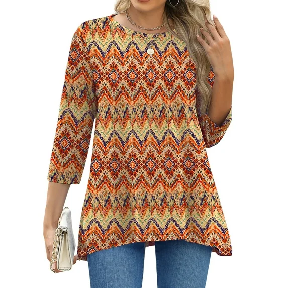 Fantaslook Plus Size Women Tunic Tops 3/4 Sleeve Dressy Casual Blouses Loose Flowy Floral Shirts