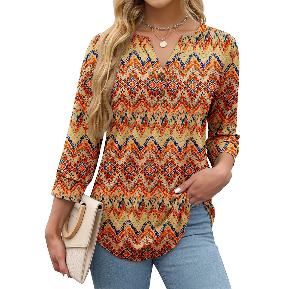Fantaslook Womens Blouses 3/4 Sleeve V Neck Henley Shirts Dressy Casual Tops Summer Fall Fashion Clothes