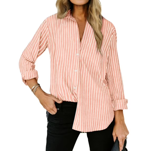Fantaslook Striped Button Down Shirts for Women Classic Long Sleeve Collared Office Work Blouses Tops