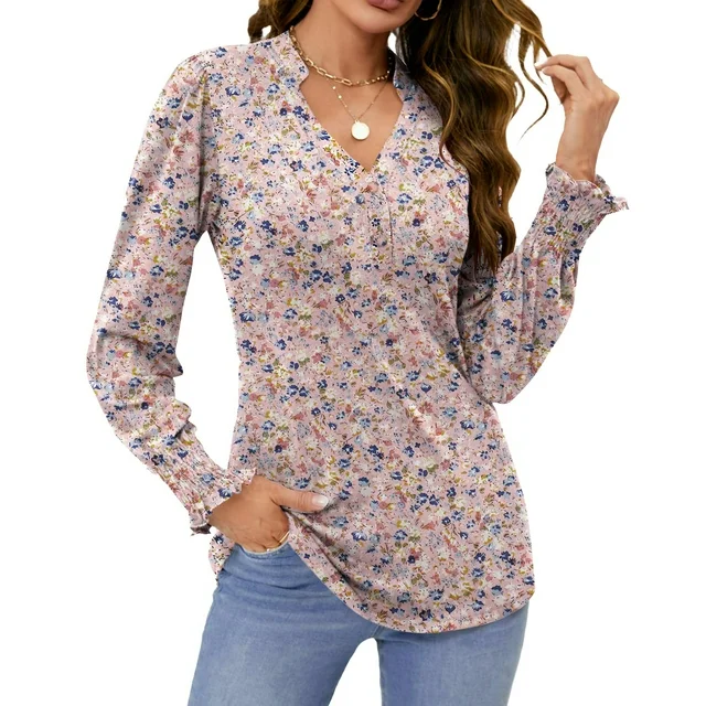 Fantaslook Womens Tops Dressy Blouses V Neck Puff Long Sleeve Tunic Tops Button Fall Shirts