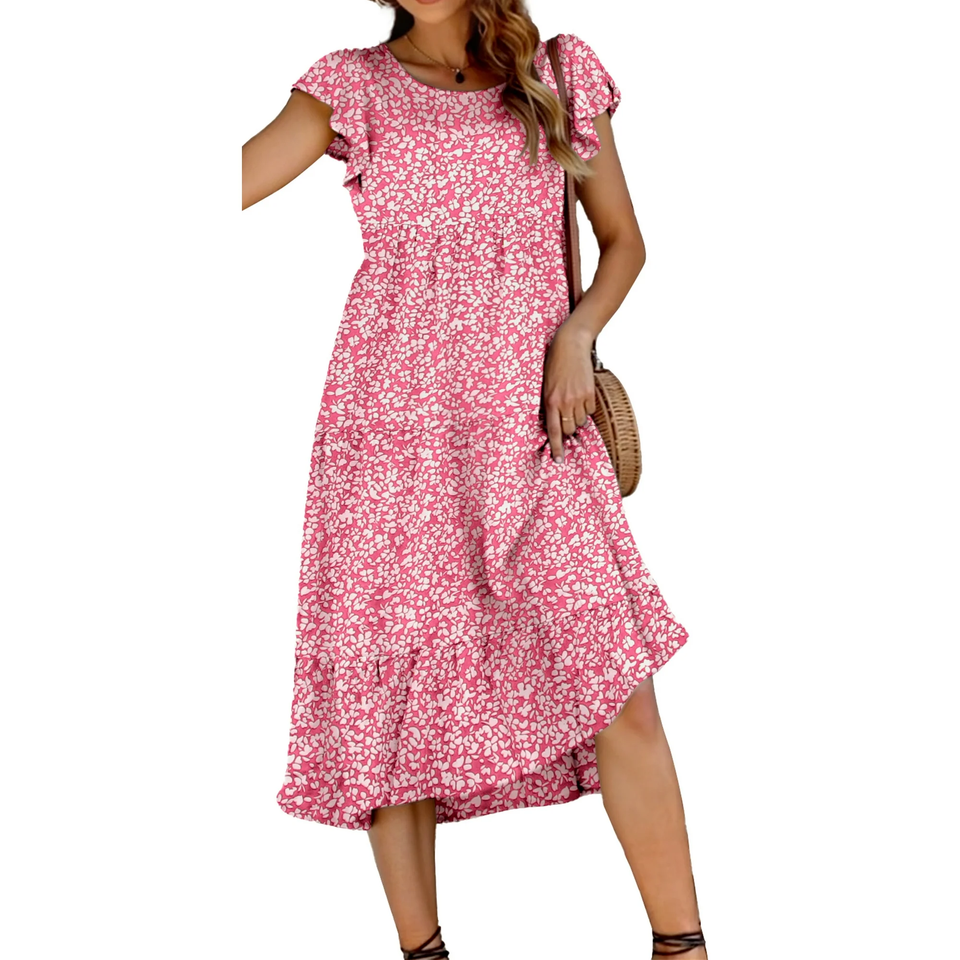 Fantaslook Dresses for Women Summer Casual Boho Dress Floral Print Ruffle Sleeve Midi Beach Dresses
