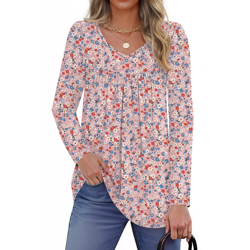 Fantaslook Womens Tops Dressy Casual Pleated Blouses V Neck Long Sleeve Shirts Fall Tunic Tops