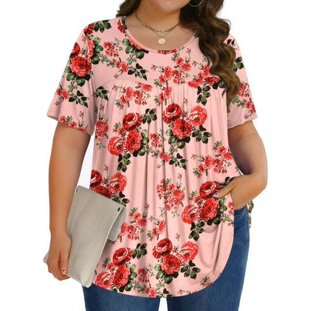 Fantaslook Womens Plus Size Tops Tunic Short Sleeve Shirts Floral Blouses Loose Summer Tops