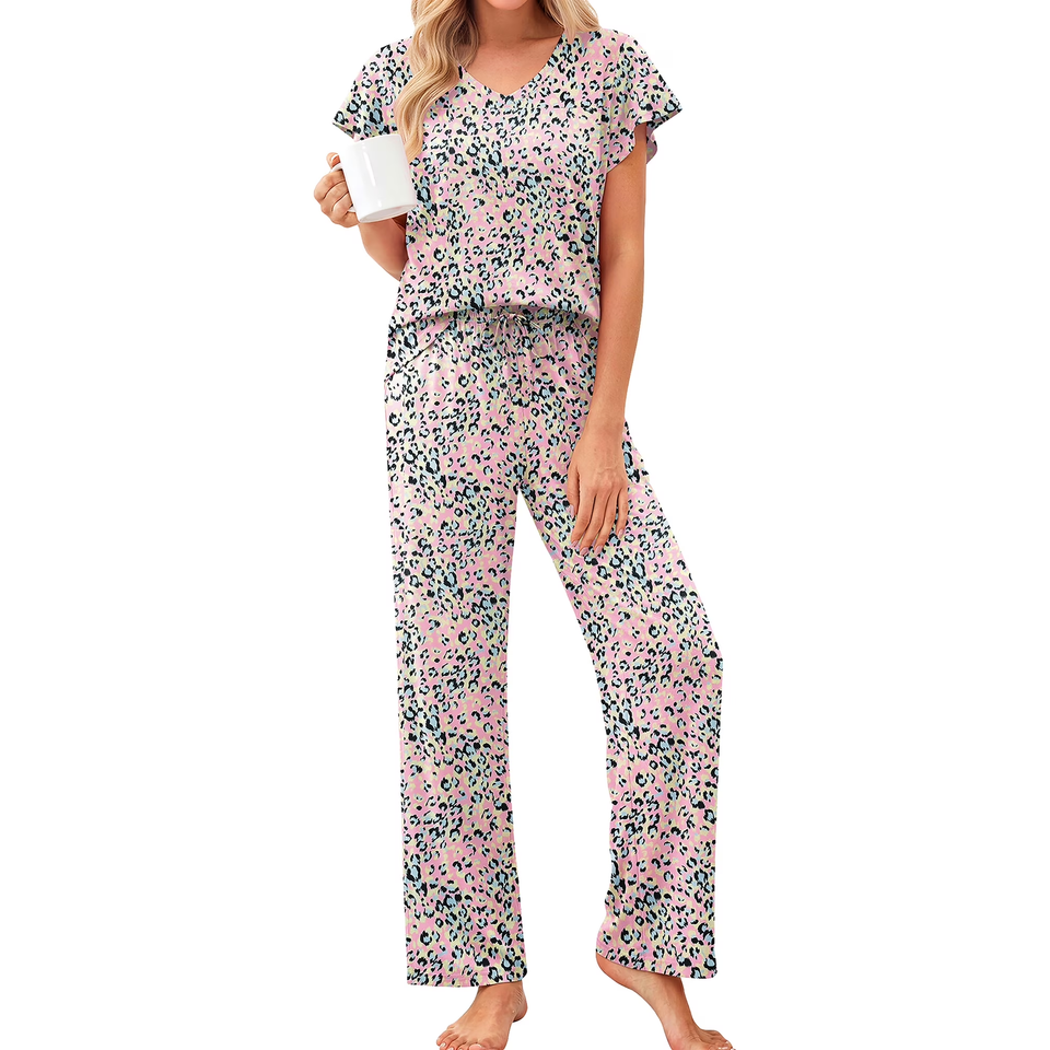 Fantaslook Flower Womens Pajamas Sets Two Piece Casual Lounge Sets Ruffle Sleeve Tops Wide Leg Pants with Pockets Summer Sleepwear Travel Outfits