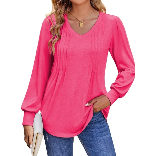 Fantaslook Long Sleeve Shirts for Women Fall Tops Dressy Casual Blouses Pleated V Neck Tunic Tops